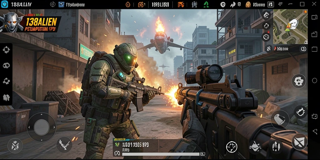 Screenshot gameplay 138ALIEN yang menampilkan aksi pertempuran FPS yang mendebarkan.